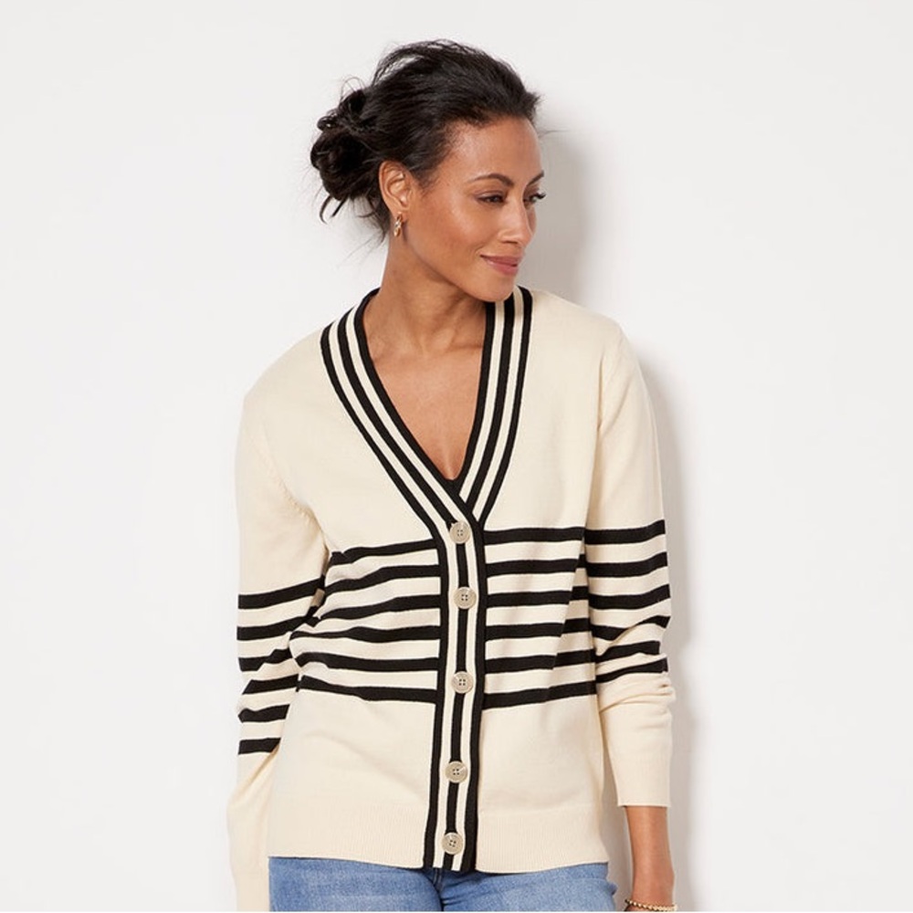Evereve Joelle Cardigan Striped Black and Cream Women's Sweater - Size L